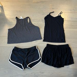 3 Tank tops / 2 shorts bundle black, green, grey sizes S - M